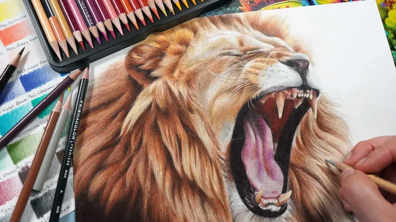 Impresionantes dibujos de animales realistas a color, un león rugiendo con detalle asombroso, rodeado de lápices de colores.