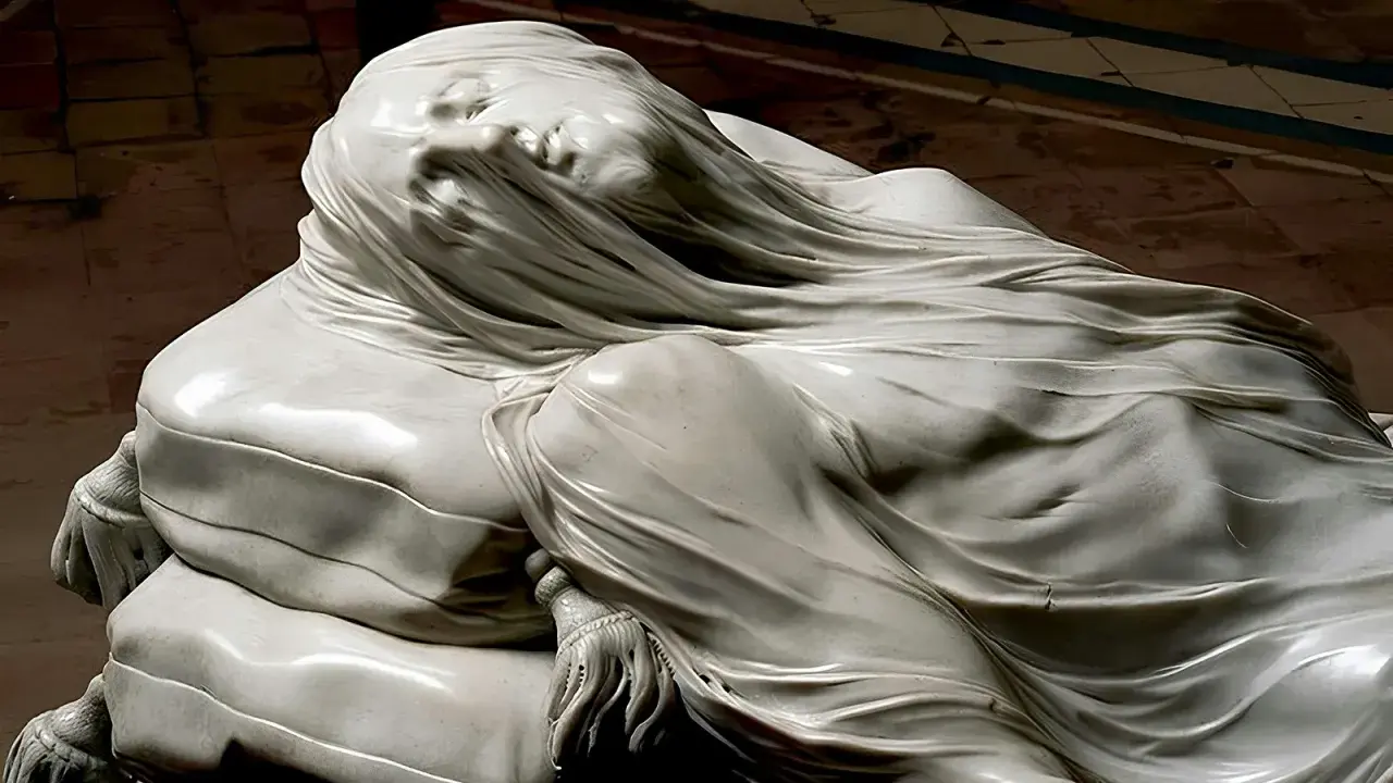 Escultura de mármol de un Cristo velado, con el rostro y el cuerpo cubiertos por una tela translúcida que revela la forma humana.