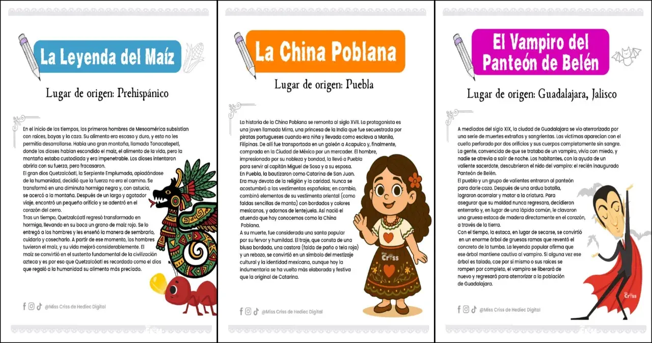 Leyendas para niños: La Leyenda del Maíz, La China Poblana y El Vampiro del Panteón de Belén. Ilustraciones coloridas acompañan estas historias.