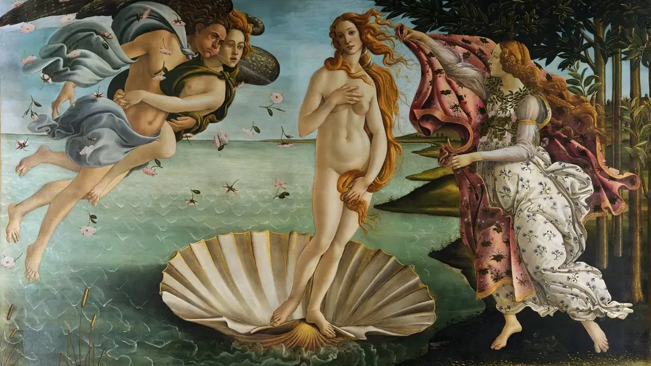 El Nacimiento de Venus, uno de los cuadros de museos famosos, muestra a Venus en una concha, con Céfiro y una ninfa a su lado.
