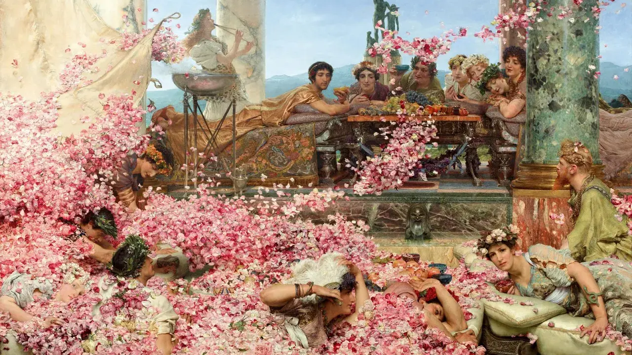 Una escena de opulencia romana, con gente sumergida en pétalos de rosa, obra de John Everett Millais.