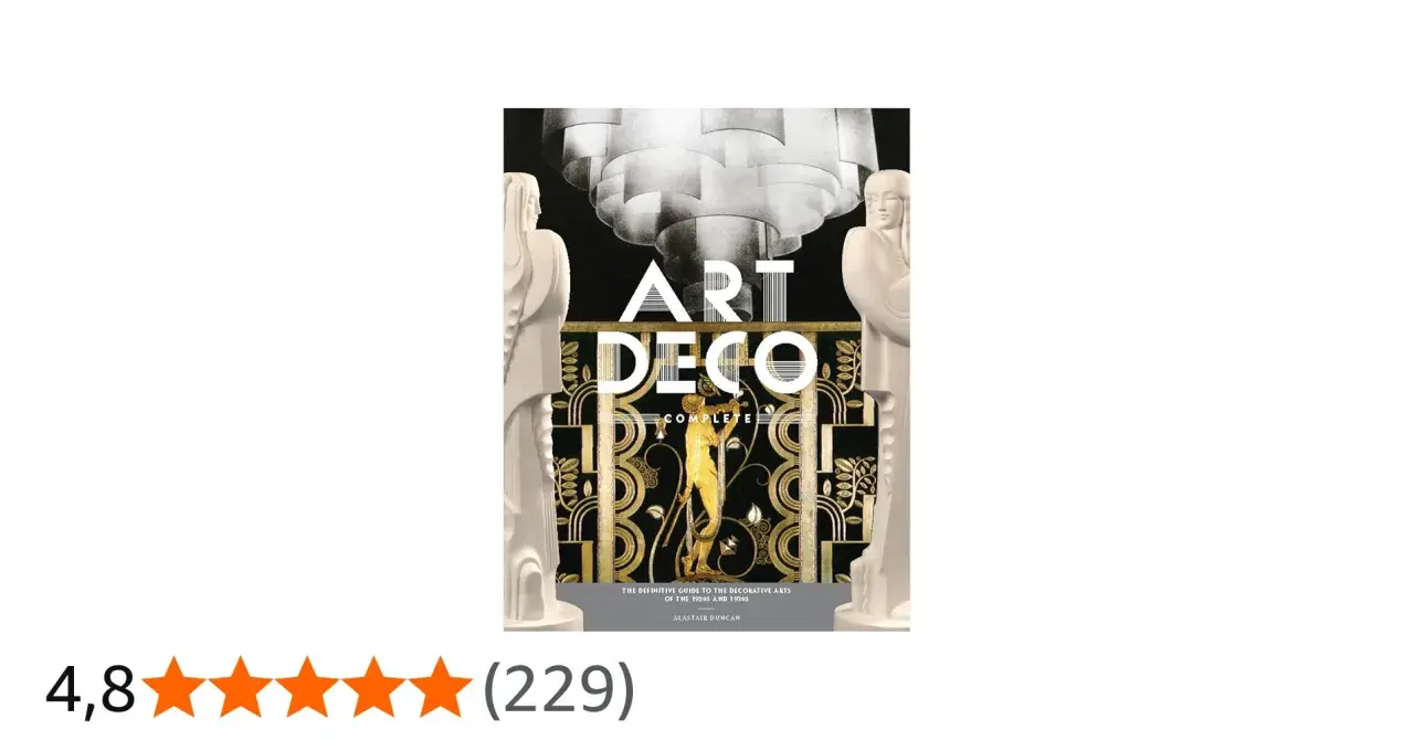 Portada de libro "Art Deco Complete" con figuras estilizadas y motivos dorados, evocando el glamour de la época.