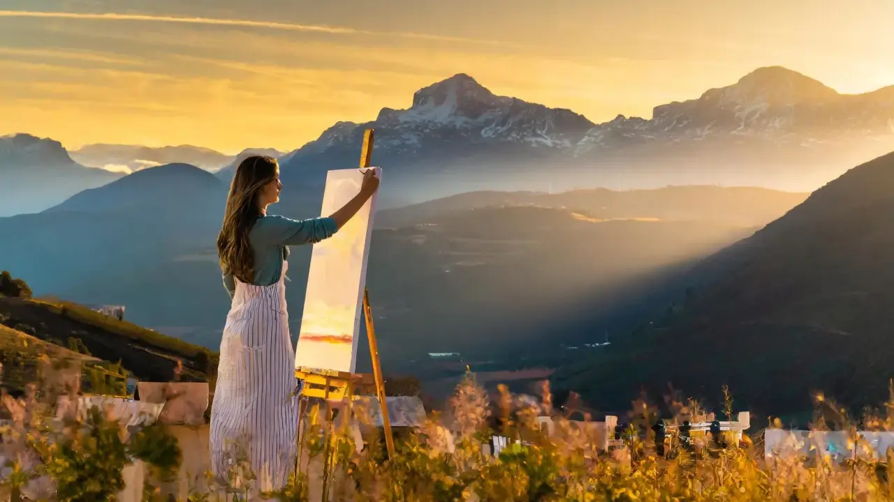 Artista realiza pintura plein air de montañas al atardecer.