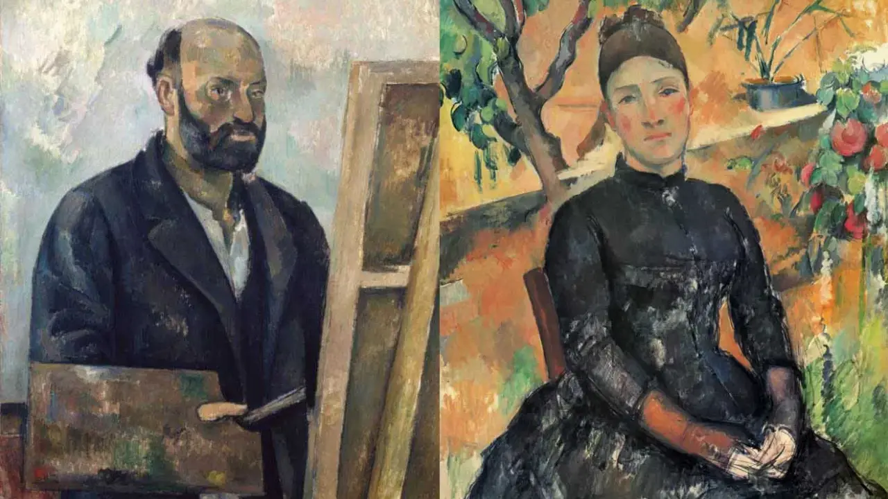 Dos retratos de Paul Cézanne: un hombre con barba y paleta, y una mujer con vestido negro en un jardín.