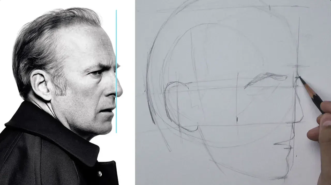 Guía visual para aprender como hacer un retrato. Muestra un rostro de perfil y un boceto inicial de un retrato.