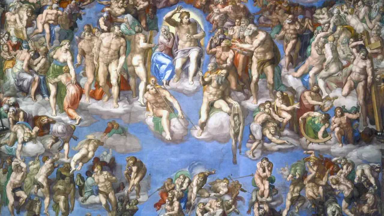 Detalle del Juicio Final, obra maestra que revela quién pintó la Capilla Sixtina: Miguel Ángel. Figuras celestiales y humanas en un cielo azul vibrante.