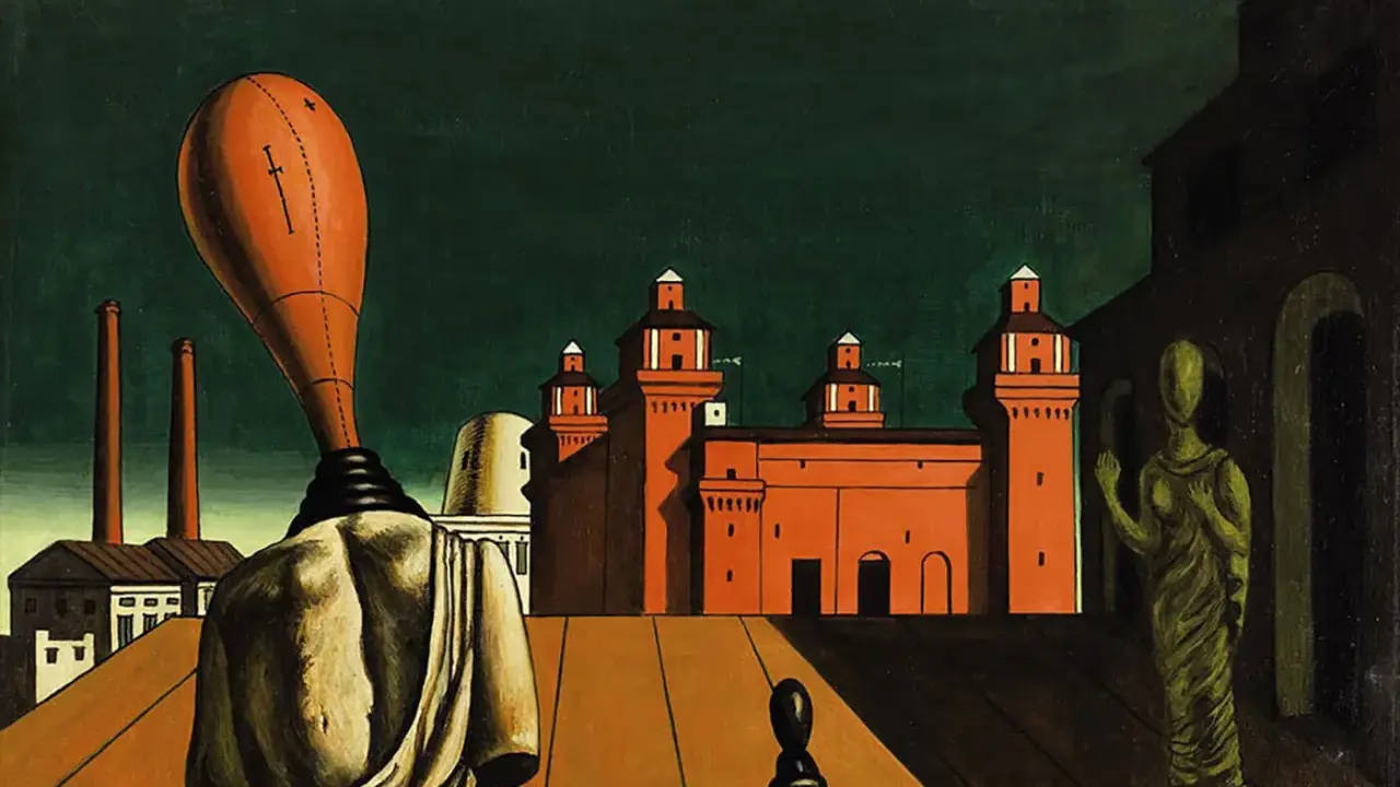 Paisaje metafísico de Giorgio de Chirico con estatuas y edificios arquitectónicos bajo un cielo oscuro.