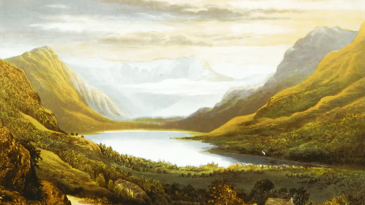 Un lago sereno entre montañas doradas, ideal para paisajes para dibujar realistas. Nubes tenues y una casa solitaria añaden detalle.