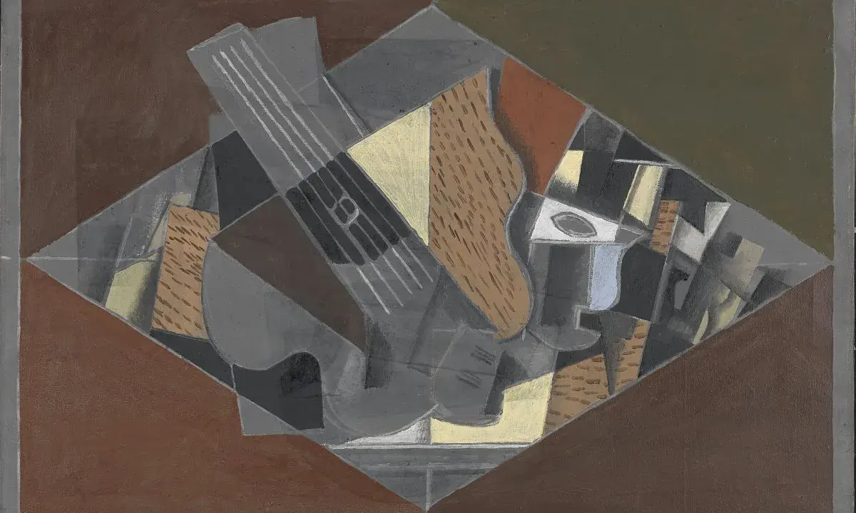 Violín y vaso, ejemplo de que es el cubismo, con formas geométricas fragmentadas y múltiples puntos de vista.