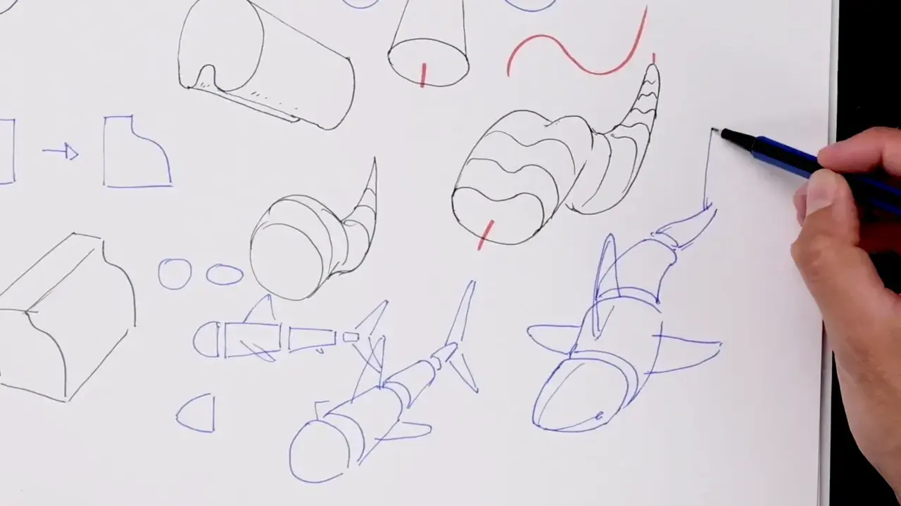 Bocetos de tiburones y formas geométricas, parte de ejercicios de dibujo.