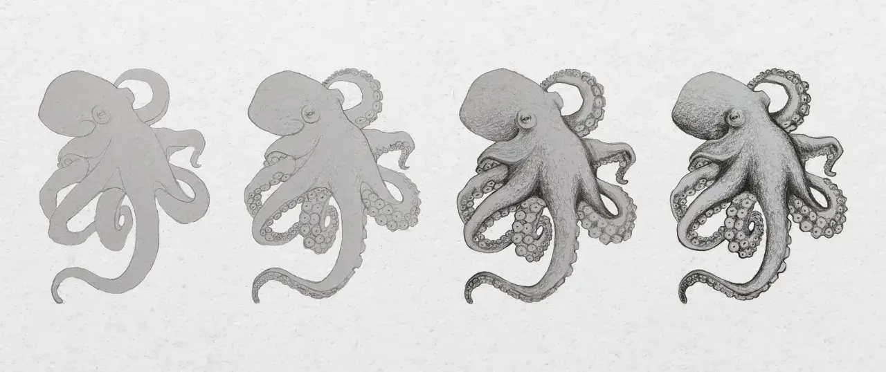 Secuencia de un pulpo dibujo realista, desde un boceto simple hasta un detallado estudio de sombreado y textura.
