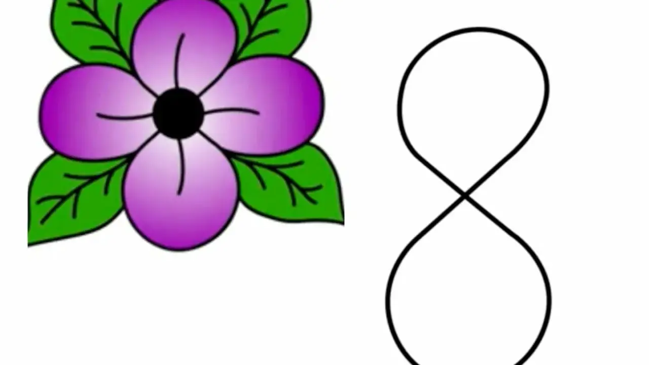 Un dibujo fácil de flores moradas con hojas verdes, junto a un símbolo de infinito.