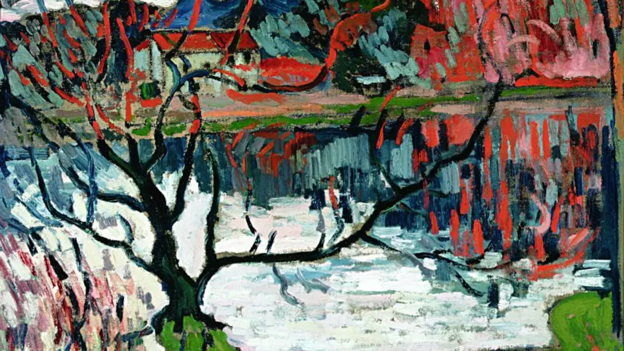 Paisaje invernal con árbol desnudo y reflejos rojos vibrantes, al estilo de Maurice de Vlaminck.