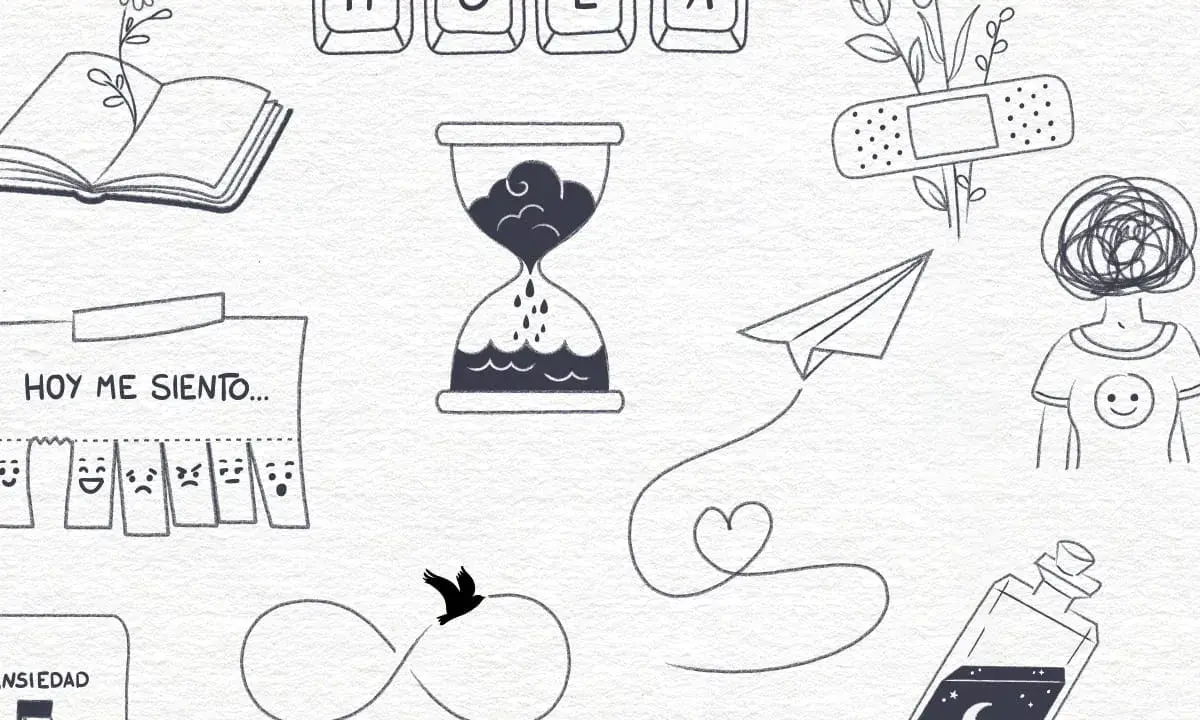 Ideas de dibujos aesthetic: libro abierto, reloj de arena, avión de papel, corazón, botella con luna, y más.