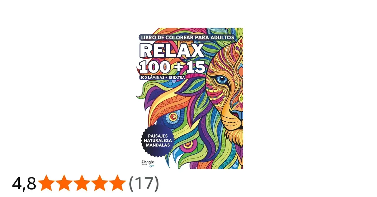 Libro de dibujos para pintar adultos "Relax 100+15" con un león colorido. Incluye paisajes, naturaleza y mandalas.