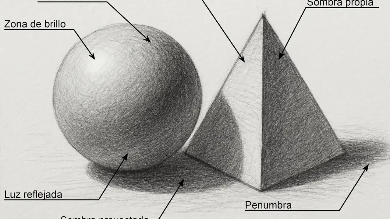 Esfera y pirámide con etiquetas que explican cómo hacer sombras, mostrando luz directa, tono medio, zona de brillo, luz reflejada, sombra proyectada, sombra propia y penumbra.
