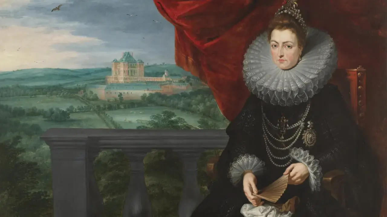 Retrato de dama con gran gorguera, joyas y abanico, con un paisaje de palacio al fondo, obra de Peter Paul Rubens.