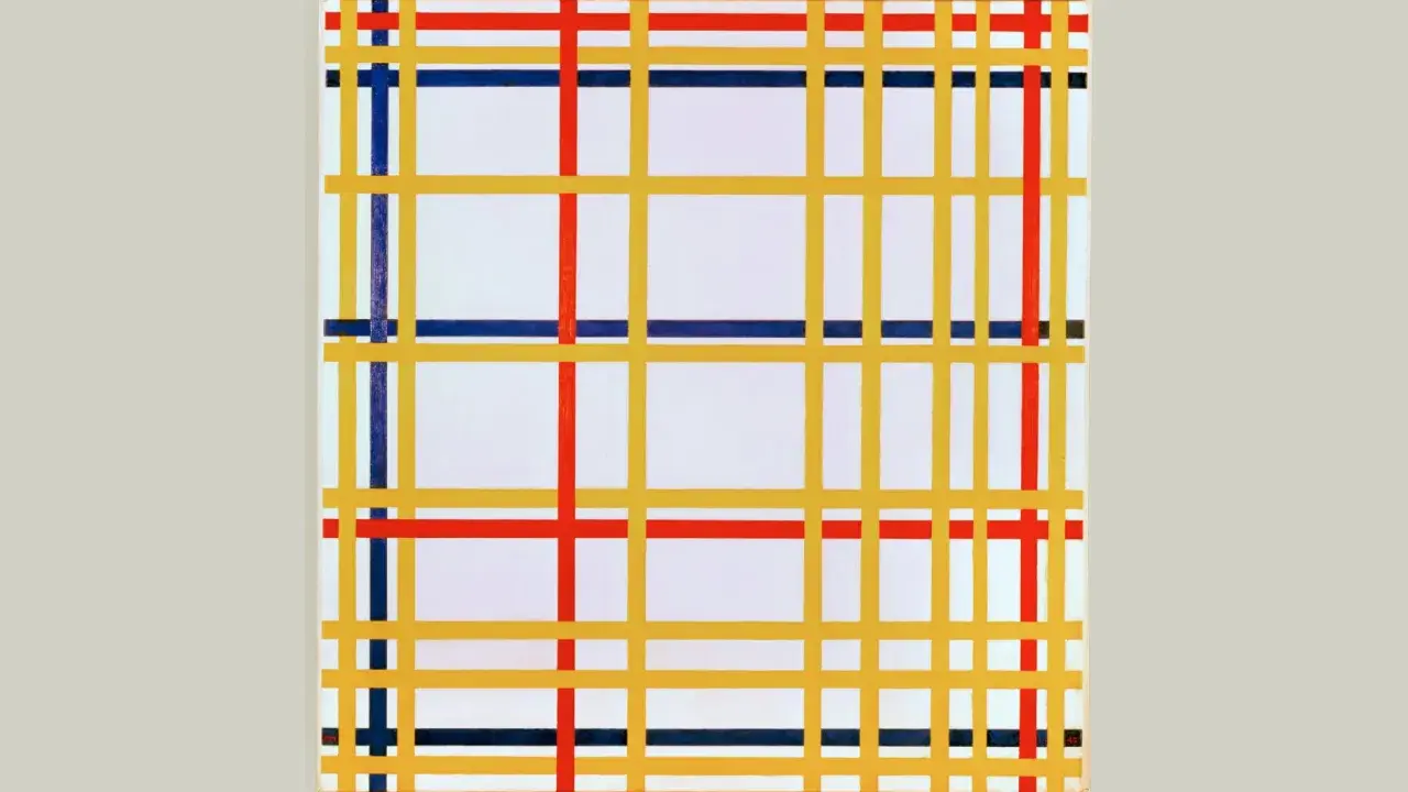 Composición abstracta con líneas amarillas, rojas y azules creando un patrón de movimiento en squares sobre fondo blanco.