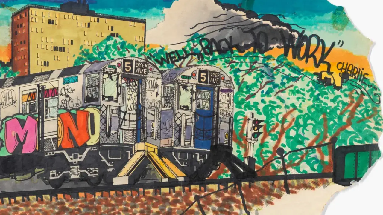 Un tren del metro cubierto de grafitis, un capítulo vibrante de la historia del graffiti, avanza bajo un cielo nublado.