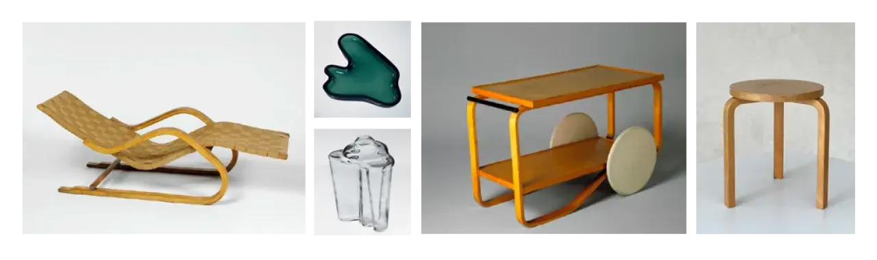 Iconos del diseño: tumbona, objetos de cristal y carritos, junto a sillas famosas de arquitectos.