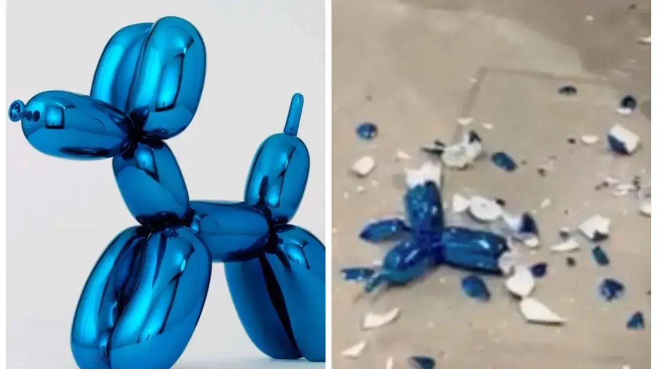 El icónico perro globo azul de Jeff Koons, intacto a la izquierda, destrozado a la derecha.