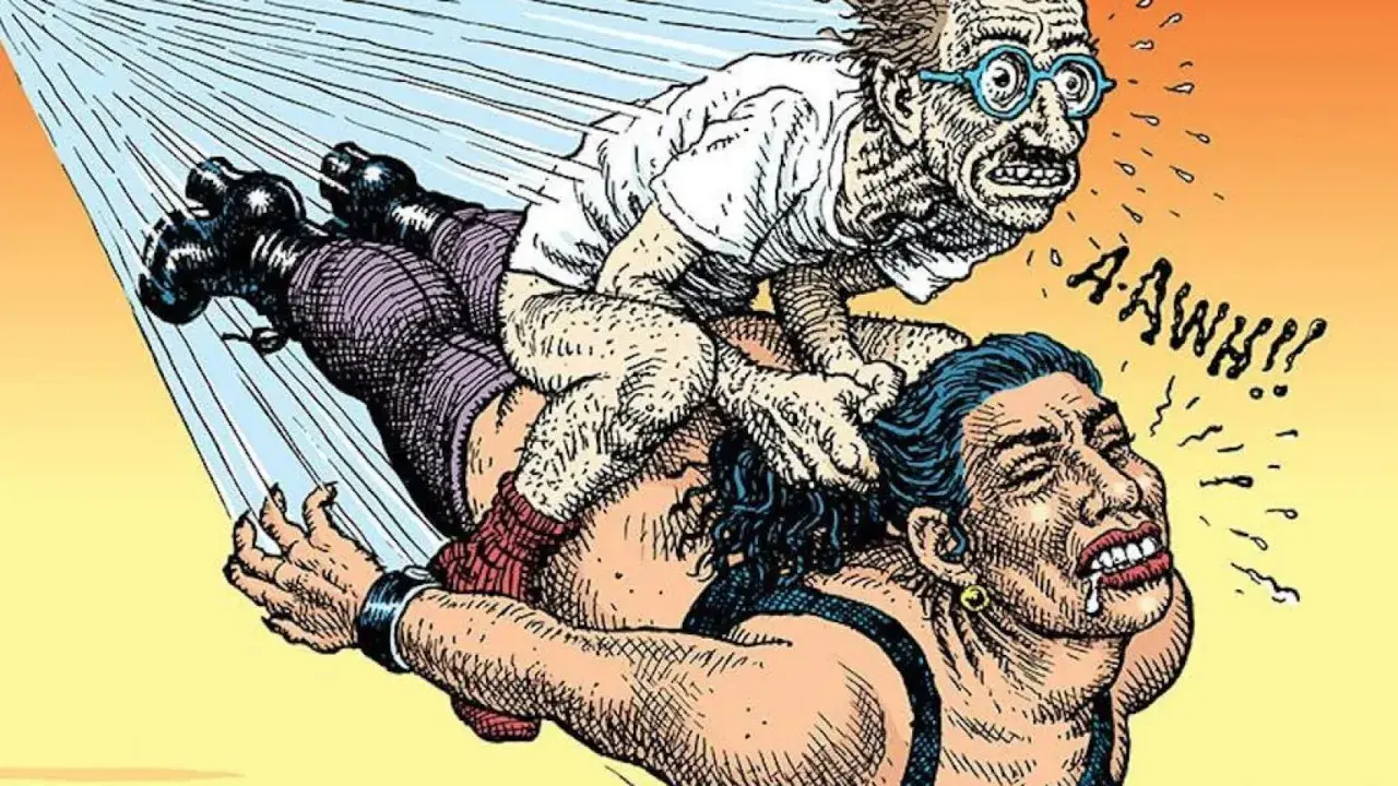 Un hombre delgado con gafas azules, típico de los robert crumb dibujos, grita mientras es llevado por una mujer musculosa.