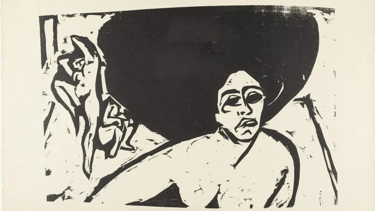 Retrato expresionista de Ernst Ludwig Kirchner. Figuras desnudas en el fondo.