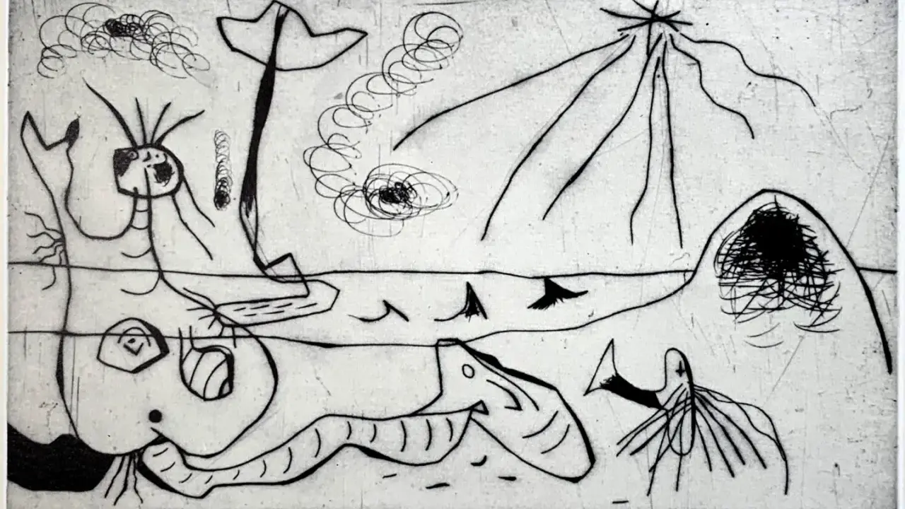 Un grabado en arte con figuras abstractas y marinas, como un pez alargado y criaturas fantásticas, en un estilo surrealista.