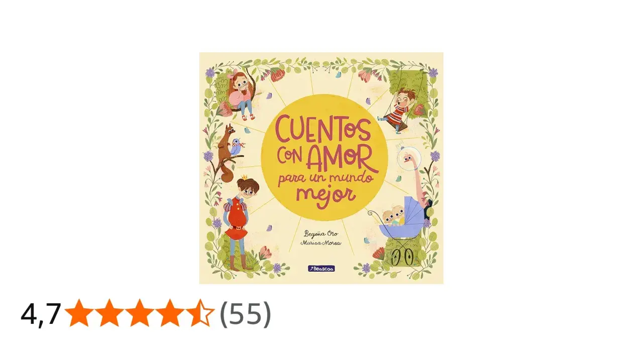 Ilustración de un libro titulado "Cuentos con amor para un mundo mejor", con niños, un príncipe y animales en un entorno floral.