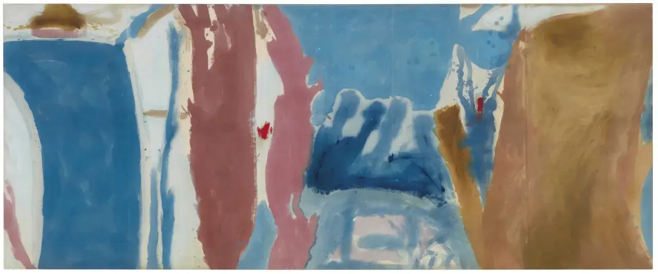 Pintura abstracta con tonos azules y rosados que evocan la inmensidad de las montañas y la calma del mar.