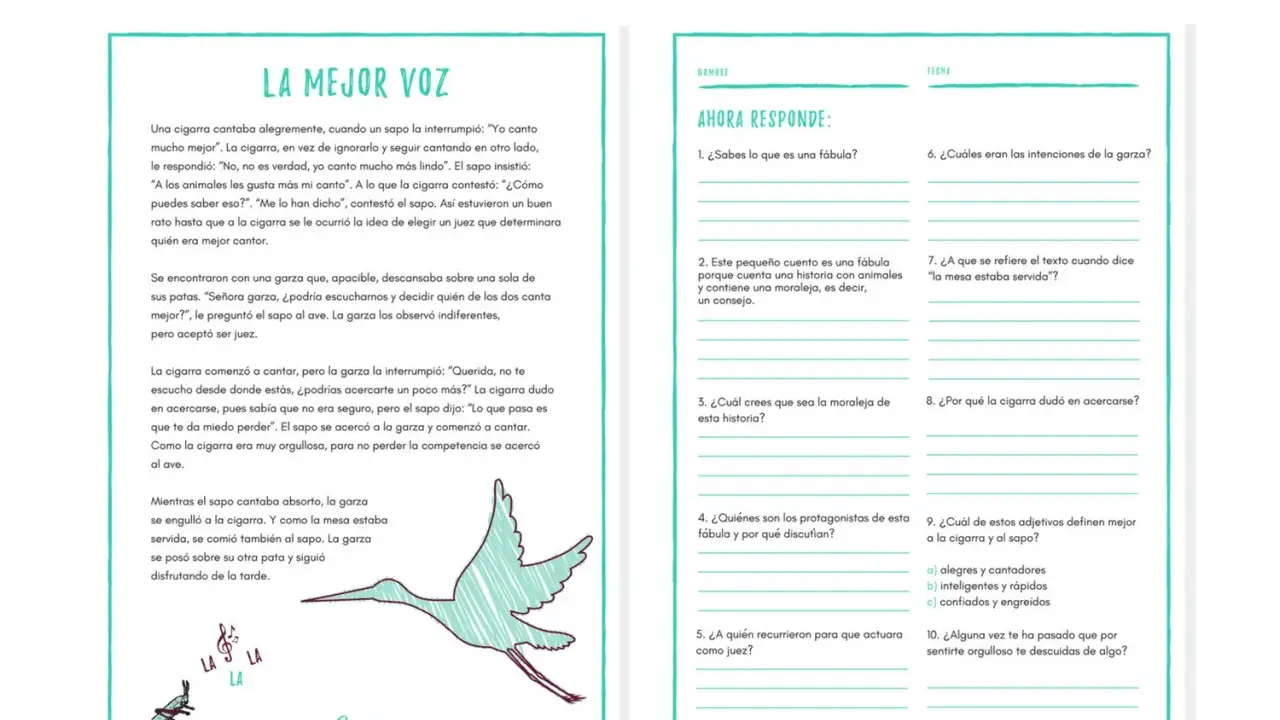 Hoja de trabajo con la fábula "La mejor voz", ideal para lectura para niños de 8 a 10 años, con preguntas de comprensión.