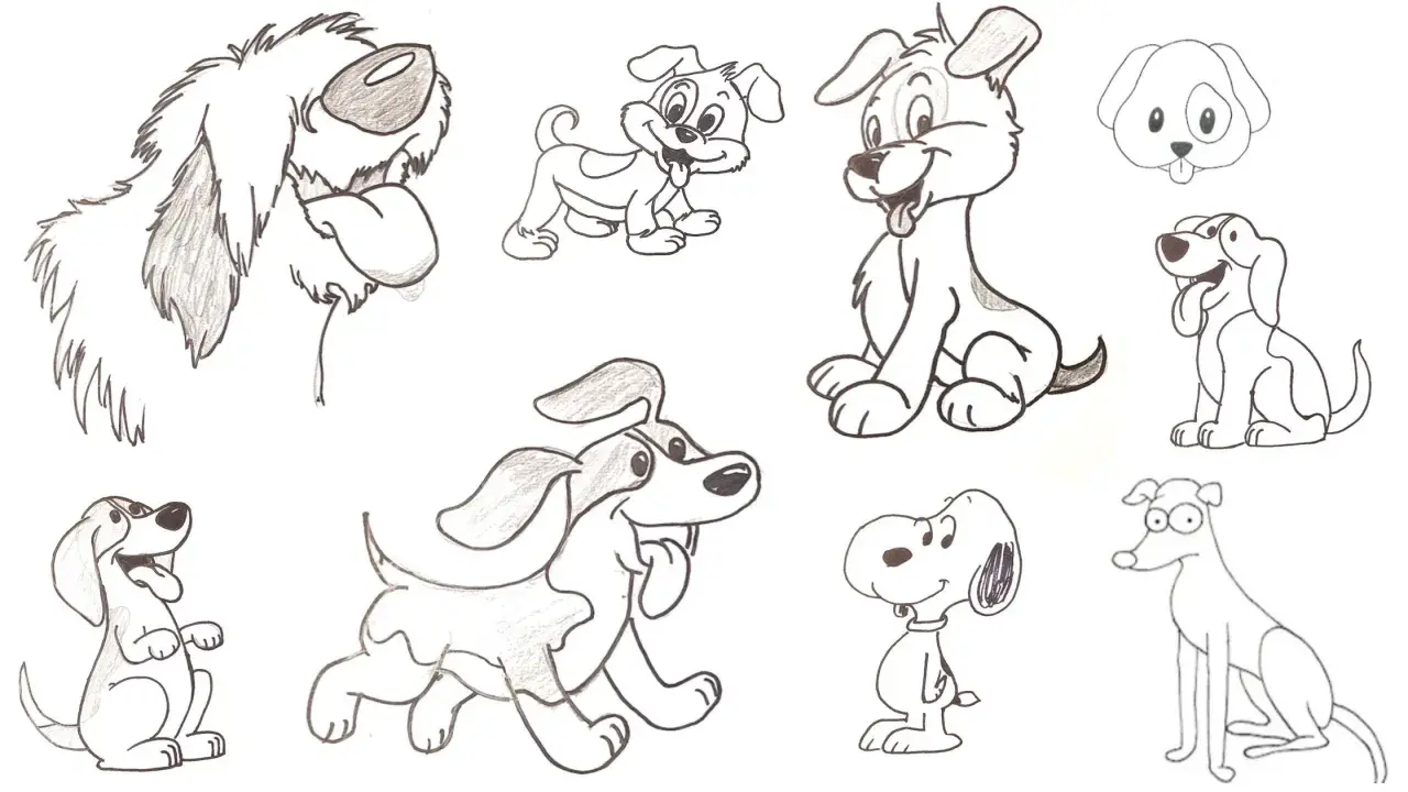 Colección de dibujos de animales a lápiz fáciles de hacer, mostrando varios cachorros juguetones y sonrientes.