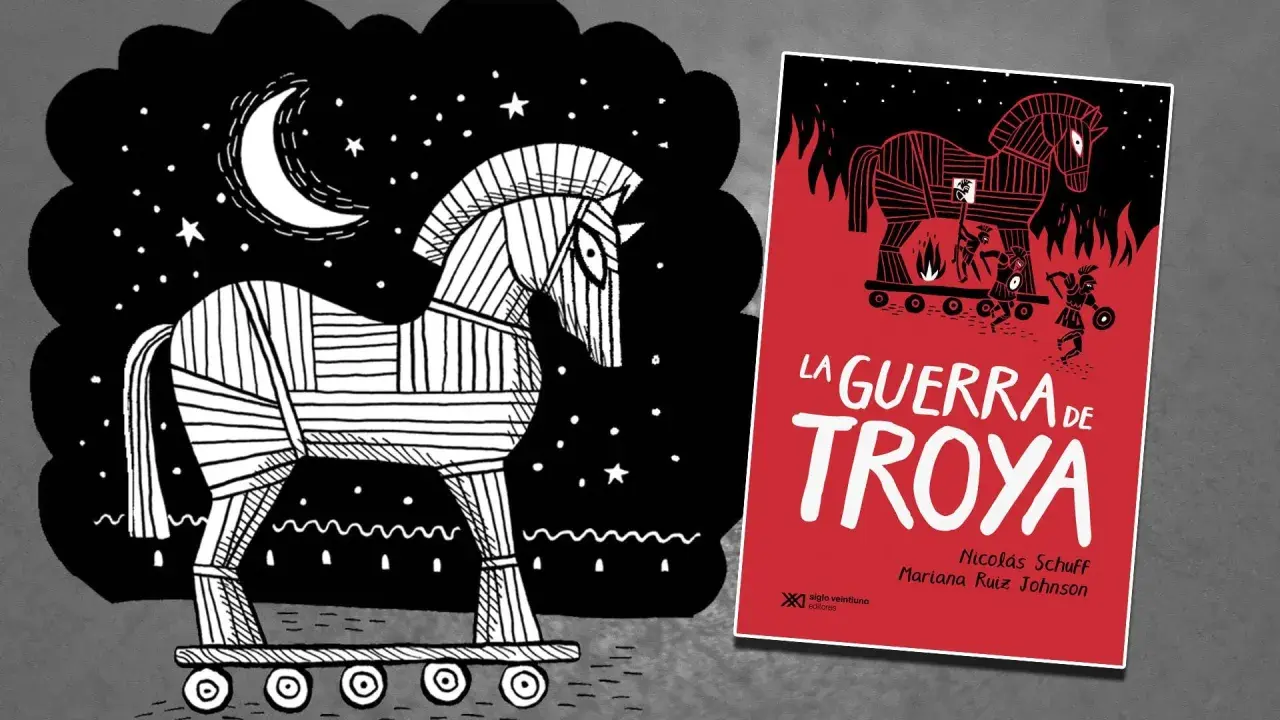 Ilustración de un caballo de Troya bajo la luna, con un libro que resume la Iliada y la Guerra de Troya.