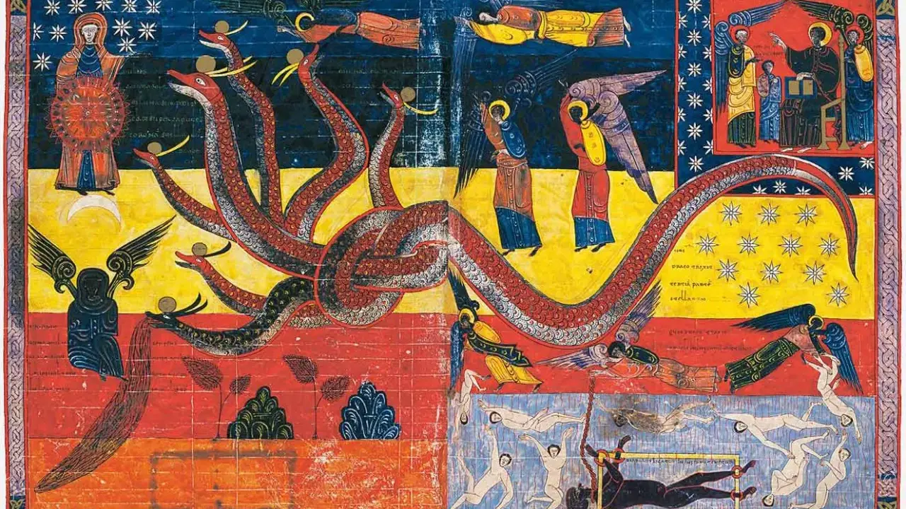 Pintura al temple de un dragón de siete cabezas luchando contra ángeles y almas.