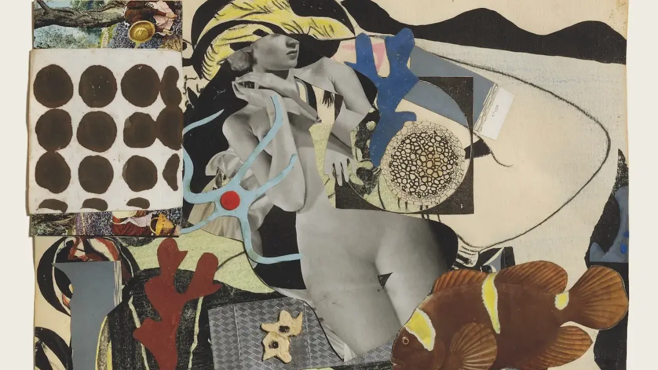 Collage surrealista con figura femenina, pez payaso y elementos marinos. ¡Ideas para hacer collages inspiradoras!