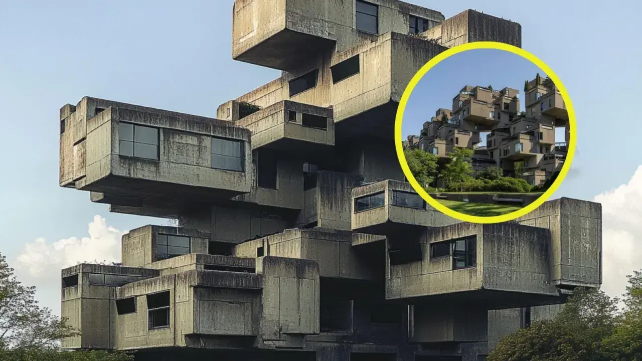 Edificio de hormigón apilado, un ejemplo de que es el brutalismo. La imagen muestra la arquitectura de Habitat 67 en Montreal.