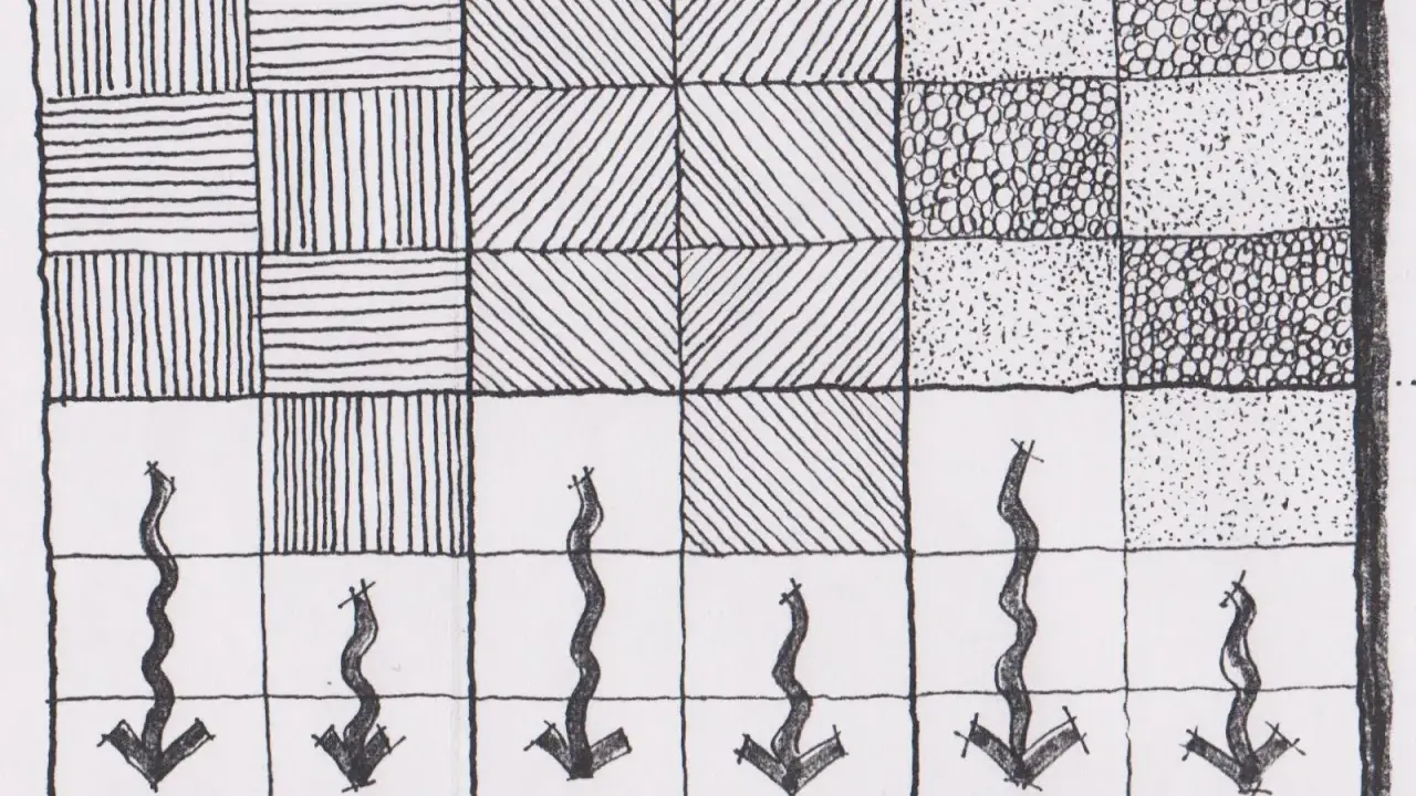 Dibujo a mano alzada de un patrón de cuadrados con diferentes texturas y flechas onduladas apuntando hacia abajo.