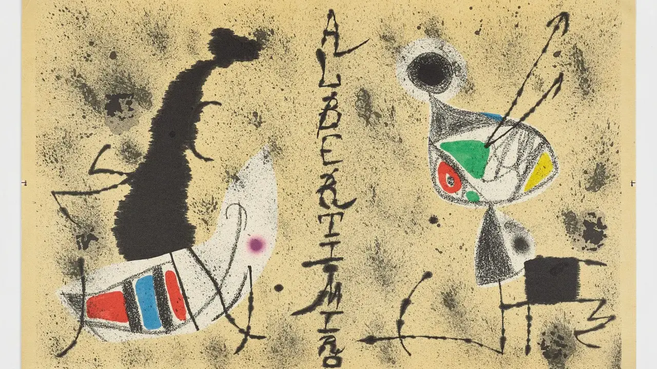 Composición abstracta con figuras biomórficas y trazos enérgicos, evocando el estilo de Joan Miró.