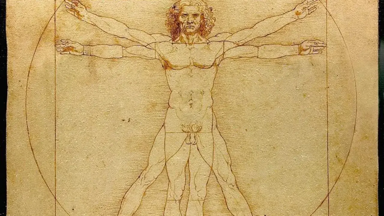 El Hombre de Vitruvio, estudio de Leonardo da Vinci sobre la anatomía humana y las proporciones perfectas.