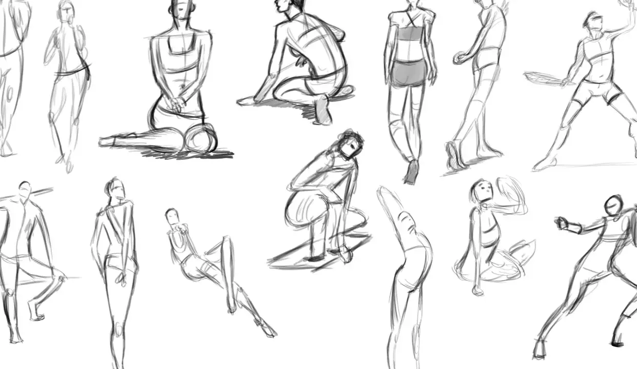 Un boceto rápido de figuras humanas en diversas poses, capturando la esencia del movimiento. Un dibujo en movimiento que muestra la fluidez de la anatomía.