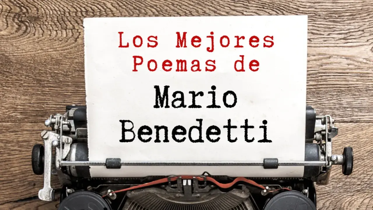 Máquina de escribir con un papel que dice "Los Mejores Poemas de Mario Benedetti".