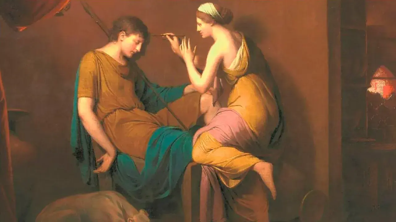 Dos mujeres, inspiradas en pintoras del Renacimiento, crean arte. Una posa mientras la otra pinta con delicadeza.