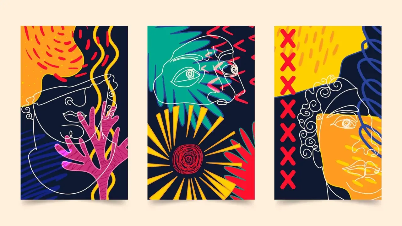 Tríptico de arte contemporáneo con rostros abstractos en líneas blancas sobre fondos vibrantes y texturas.