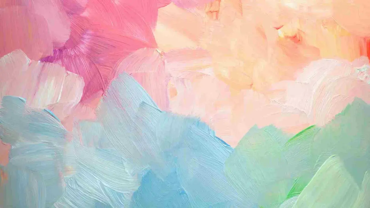 Texturas suaves y vibrantes creadas con técnicas de pintura acrílica. Tonos pastel de rosa, azul y verde se mezclan en un diseño abstracto.