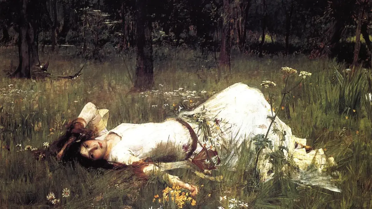 Una joven yace en un prado, rodeada de flores silvestres. El estilo de John William Waterhouse evoca un sueño etéreo en la naturaleza.