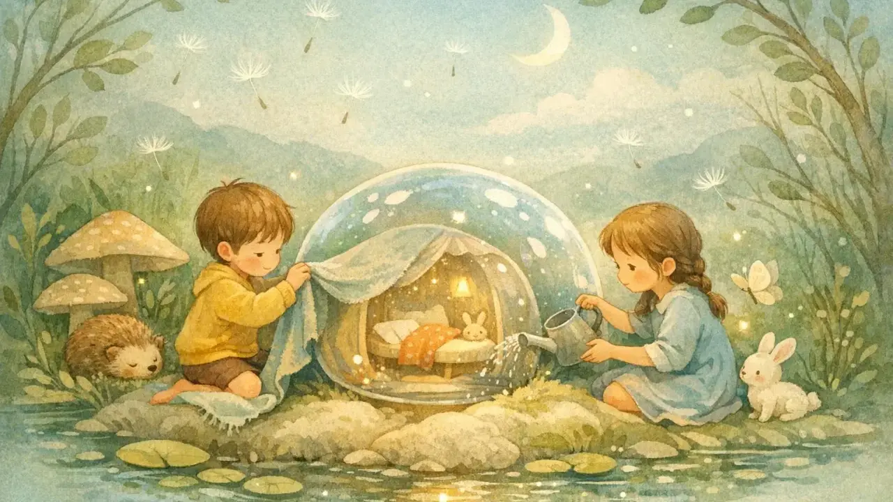 Niños cuidan un conejito en una burbuja mágica, como en cuentos con moraleja. Un erizo y setas observan.