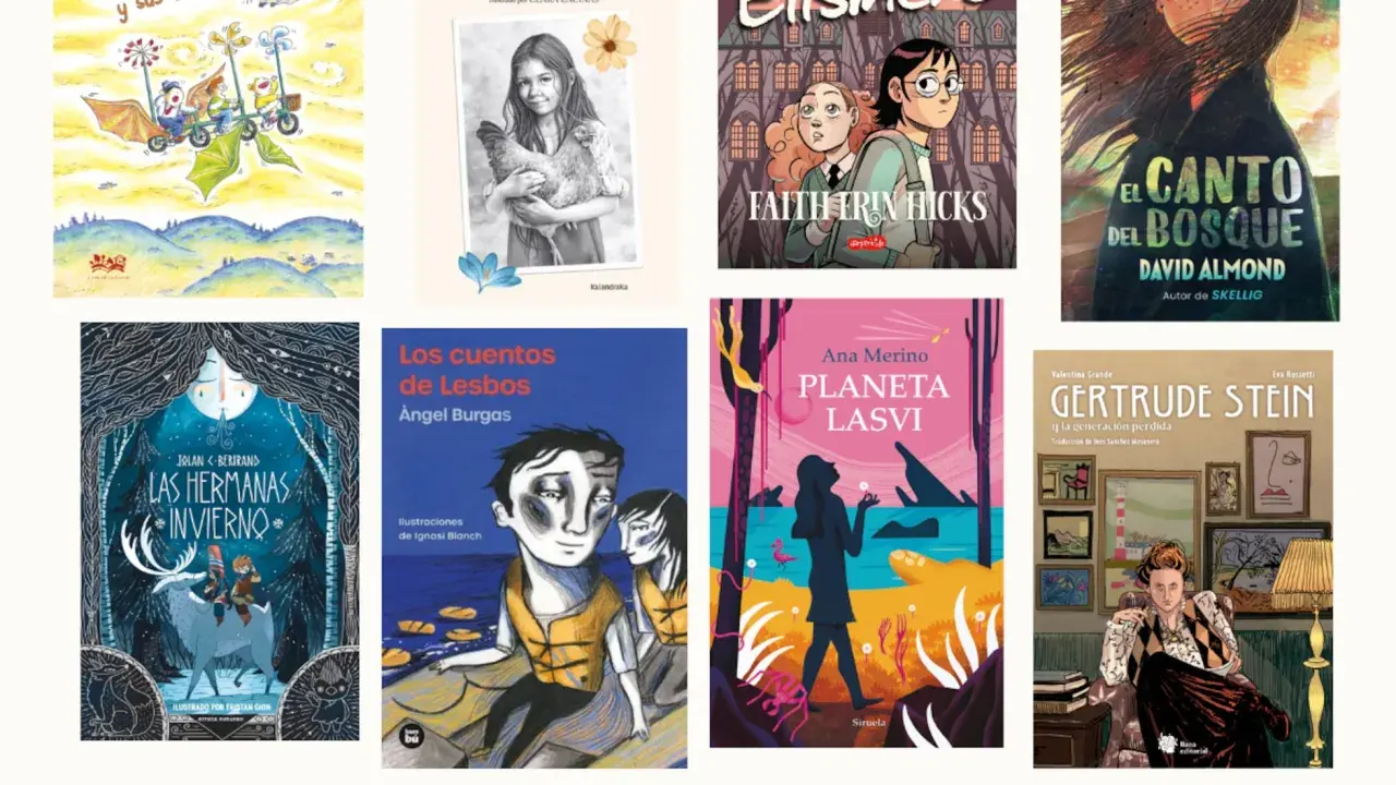 Colección de portadas de libros, incluyendo "Las Hermanas Invierno" y "El Canto del Bosque", ideales como libros para 13 años.
