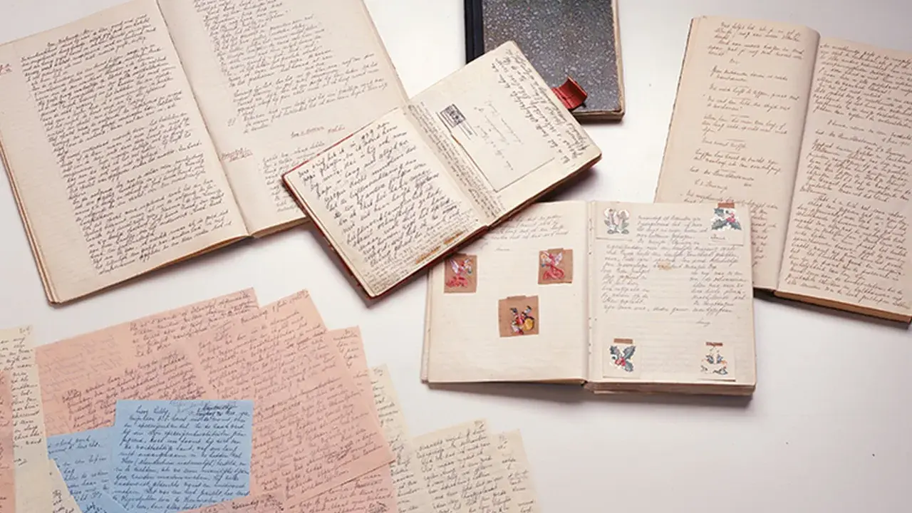 Manuscritos y diarios abiertos, como el diario de Ana Frank resumen, con escritura a mano y pequeñas ilustraciones.