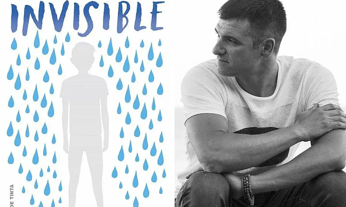 Resumen del libro Invisible de Eloy Moreno: la portada muestra un chico silueta bajo la lluvia y el autor.