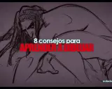 Bocetos fáciles para dibujar: un personaje encorvado con el pelo largo y la frase "8 consejos para aprender a dibujar".